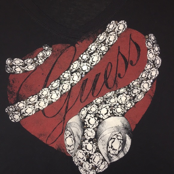 Guess Rhinestone Embellished Graphic Vneck Shirt - Picture 2 of 3